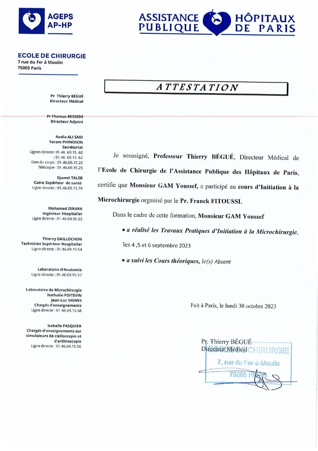 Attestation hôpitaux de Paris- Dr Gam