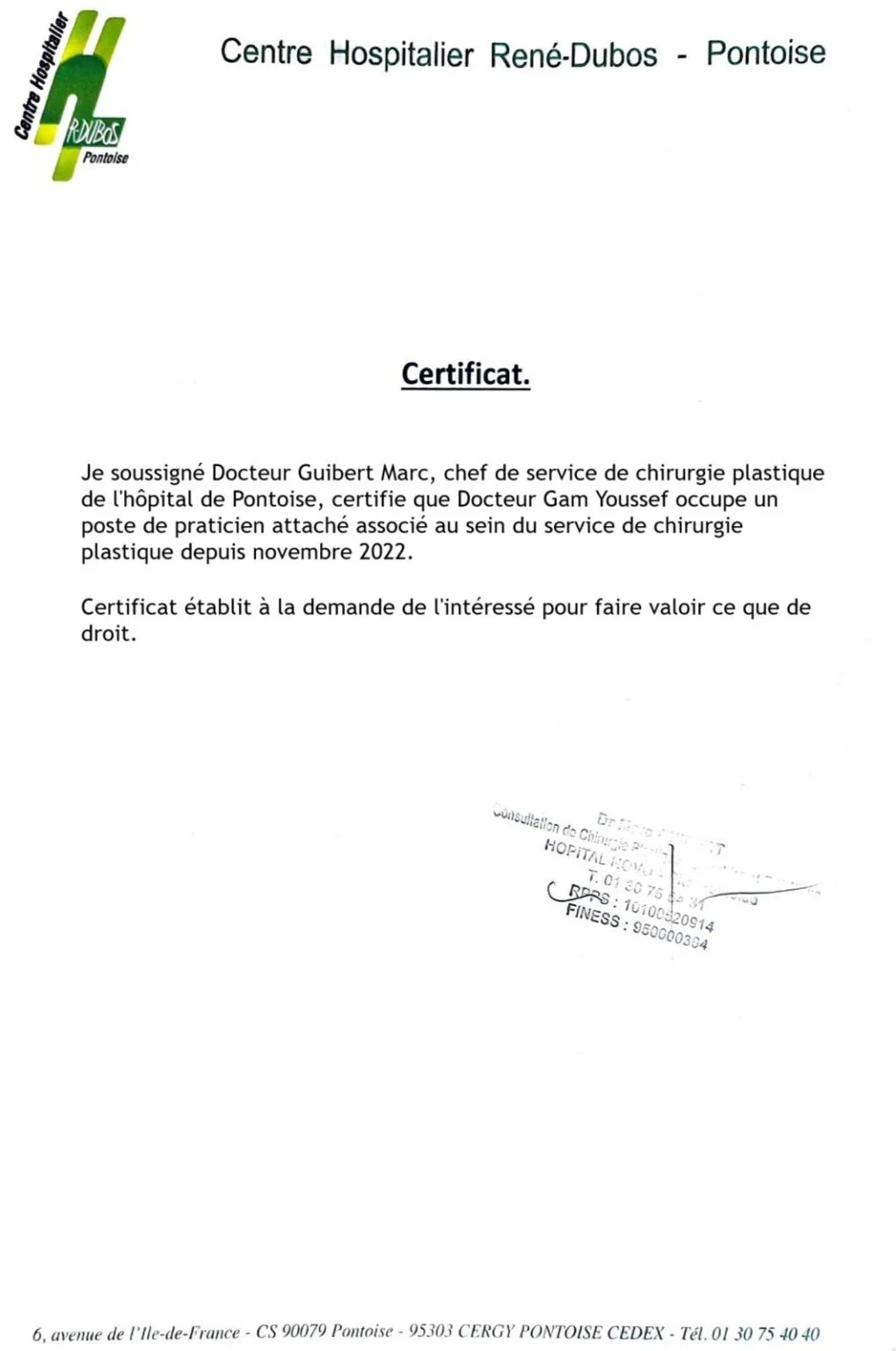 Attestation centre hospitalier Rene Dubos-dr gam