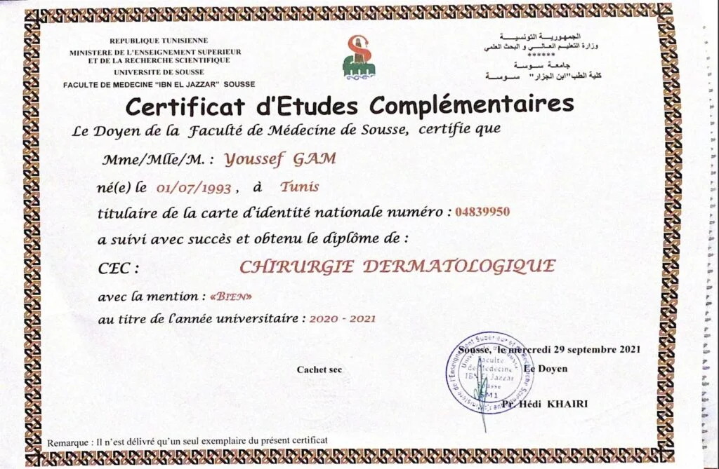 Certificat chirurgie dermatologique-dr gam