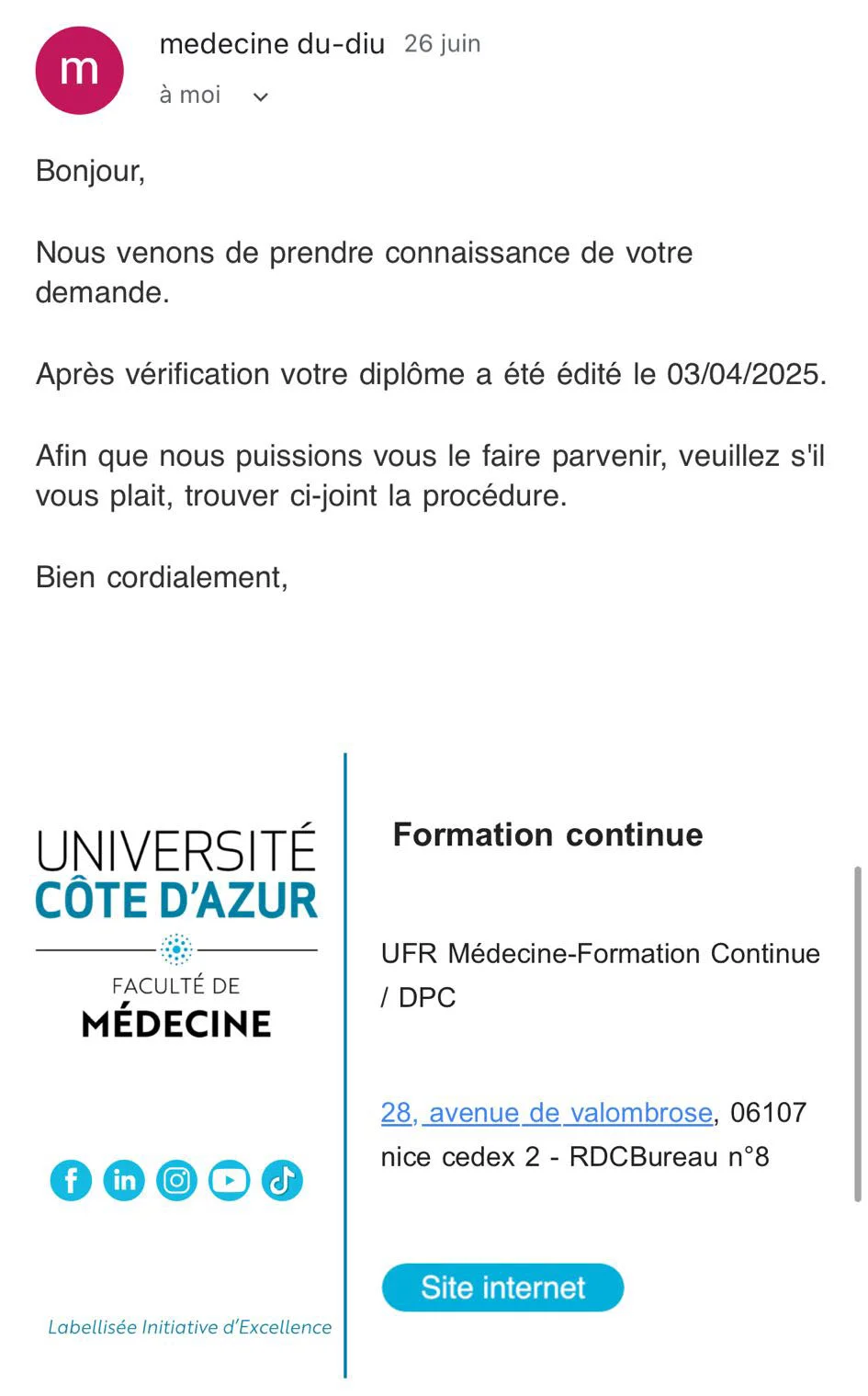 Attestation de formation universitaire — Université Côte d'Azur-Dr Gam