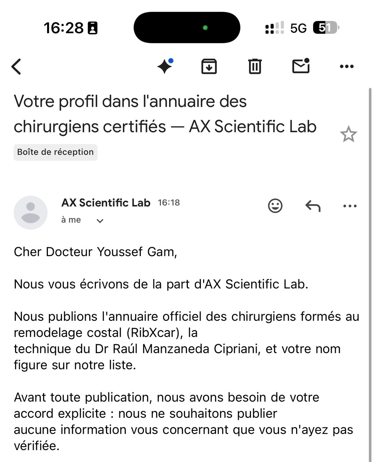 Formulaire de consentement du Dr Youssef Gam pour l'annuaire officiel des chirurgiens certifiés RibXcar - AX Scientific Lab
