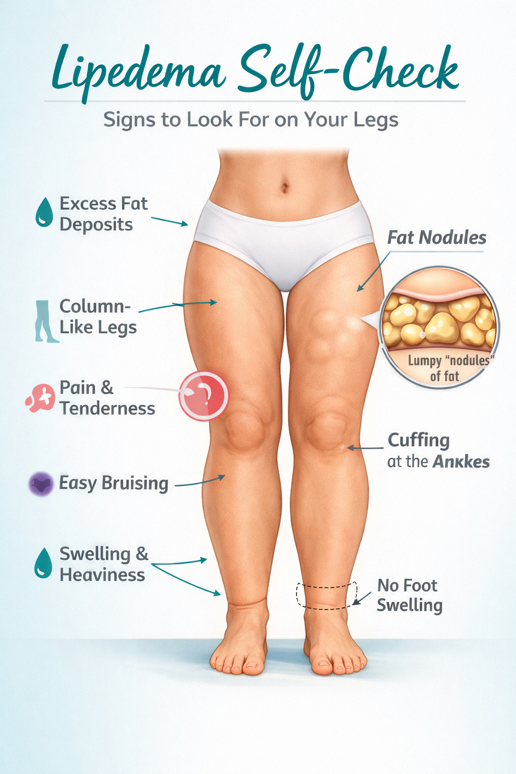 Ilustração educativa mostrando sinais que podem aparecer no lipedema